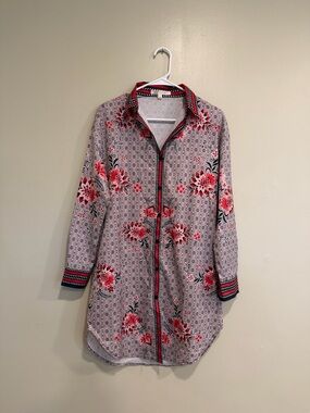 Her Bottari Floral Button-Down Tunic Mini Dress - Pink & Black Floral Small